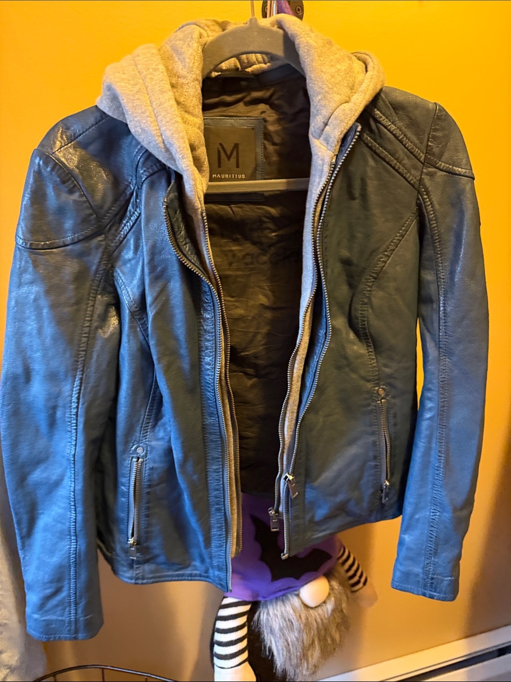 Men’s Blue Leather Jacket with Hooded Liner
